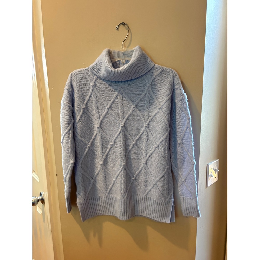 LOFT Light Blue Diamond Cable Knit Turtleneck Sweater Sz XXS Wool Blend Relaxed